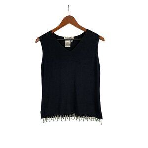 Joseph A. Womens Black Sleeveless Beaded Trim Knit Top L